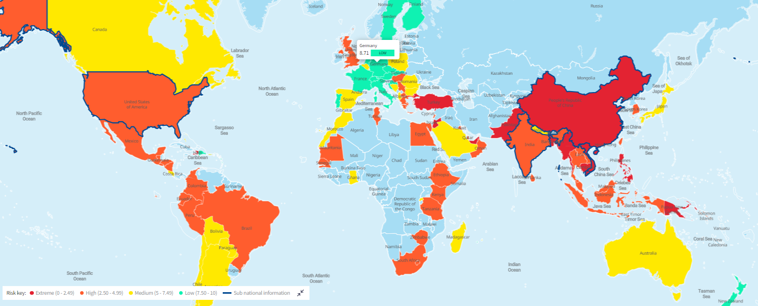 Global risk heat map, working hours, 2024, EiQ. 